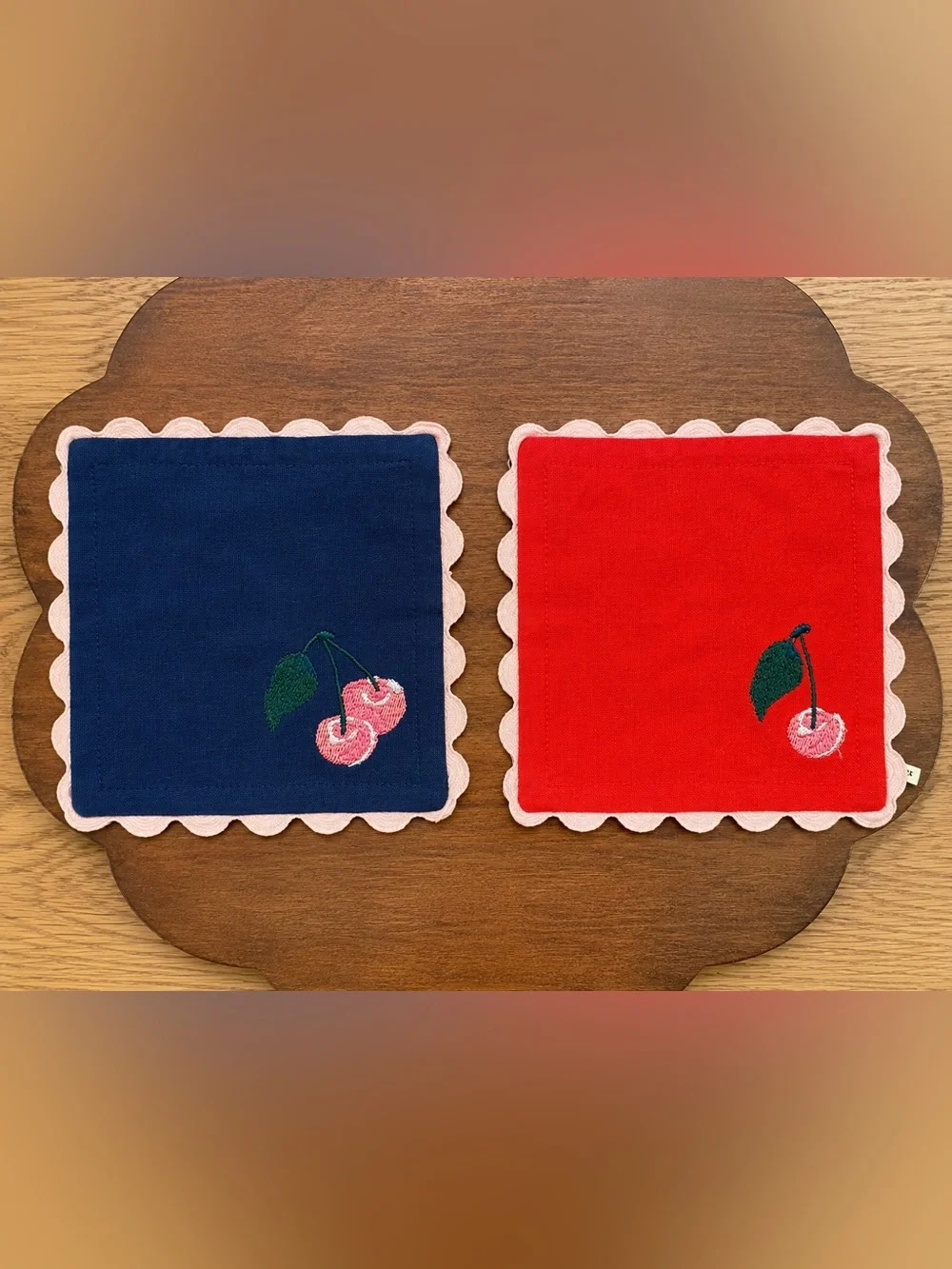 Anthropologie Cherry Embroidered Red & Navy Scalloped Coasters Set of 2